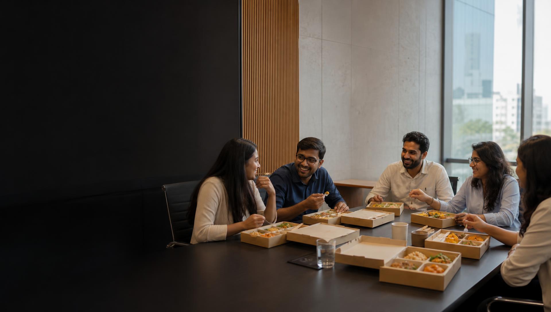 Office team enjoying premium vegetarian meal boxes around a conference table