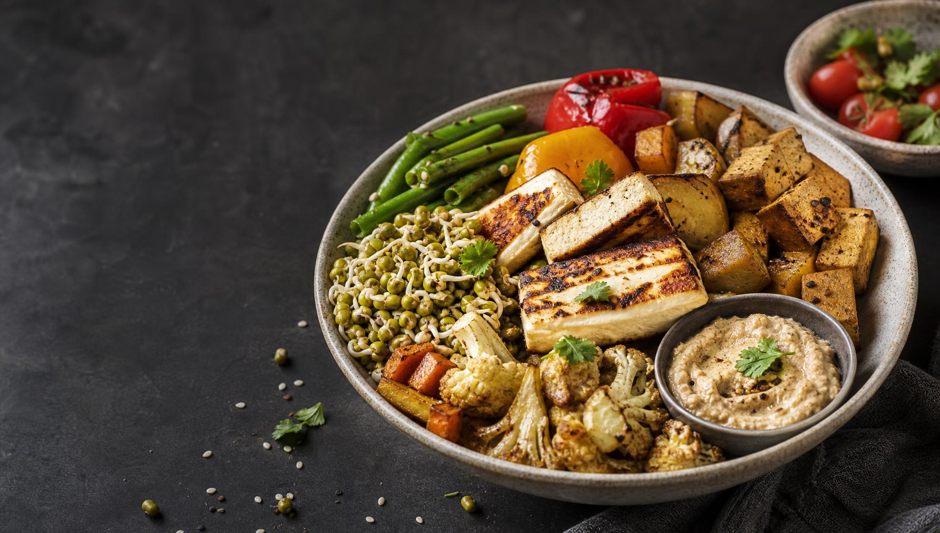 High-protein vegetarian bowl with paneer, tofu, sprouts and roasted vegetables