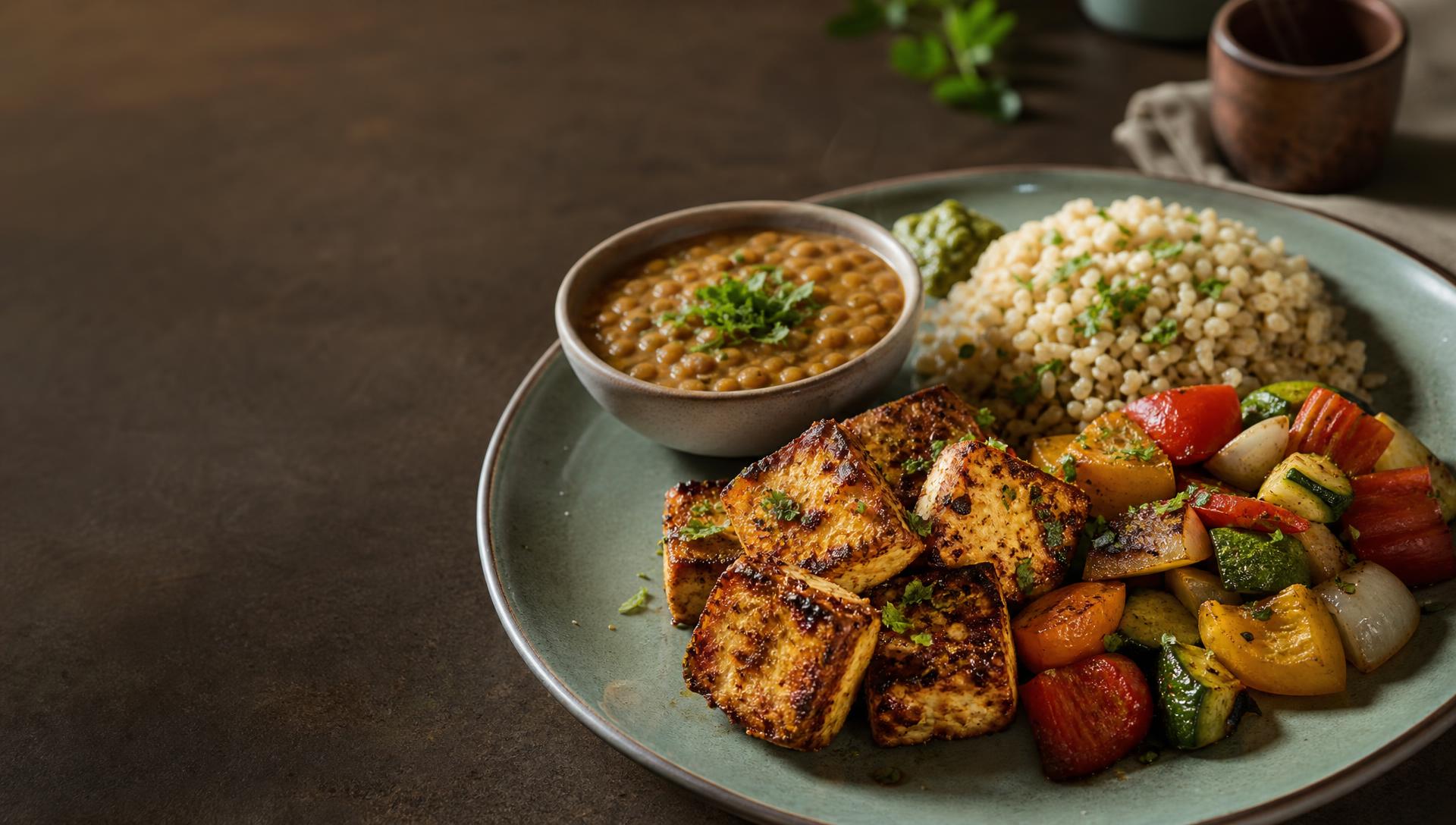 Vegetarian macro-counted meal with paneer, vegetables, grains and lentils